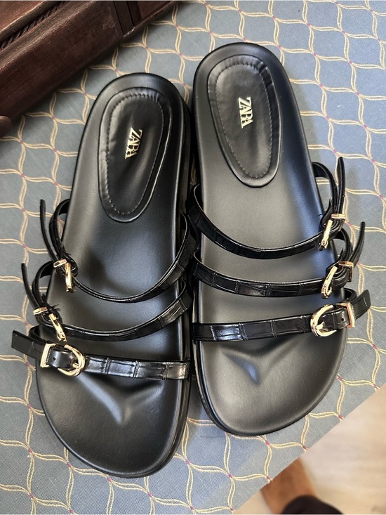 Zara Shoes - Zara Black Patent Triple-Strap Slides with Gold Buckle Detail